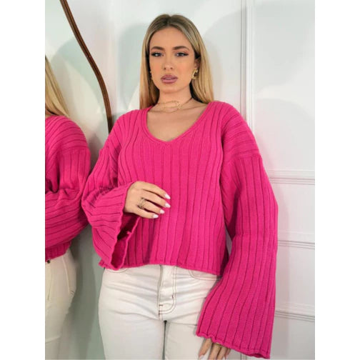 Blusa Tricô Decote V Manga Bufante