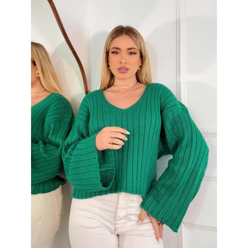 Blusa Tricô Decote V Manga Bufante