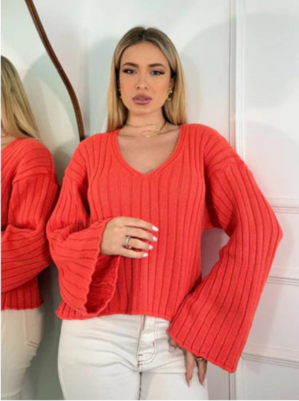 Blusa Tricô Decote V Manga Bufante