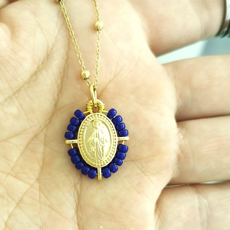 QMHJE Virgin Mary Pendant Charm Necklace Women Cross Choker Seed Beads Stainless Steel Chain Gold Color Boho White Black Pink - bossabella