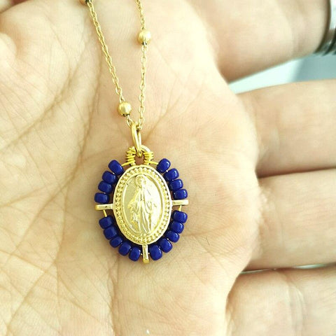 QMHJE Virgin Mary Pendant Charm Necklace Women Cross Choker Seed Beads Stainless Steel Chain Gold Color Boho White Black Pink - bossabella