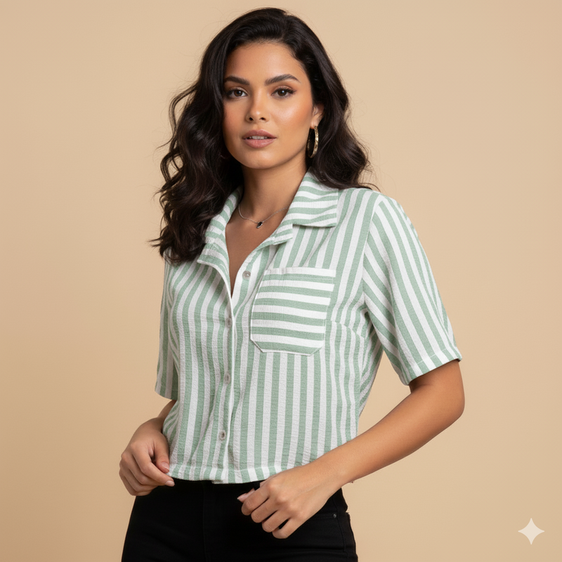 Camisa Feminina Linho Listrada Manga Curta