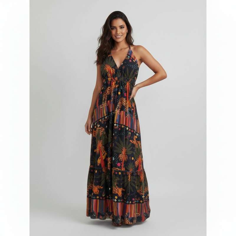 Vestido Longo Estampado com Amarrcao nas Costas