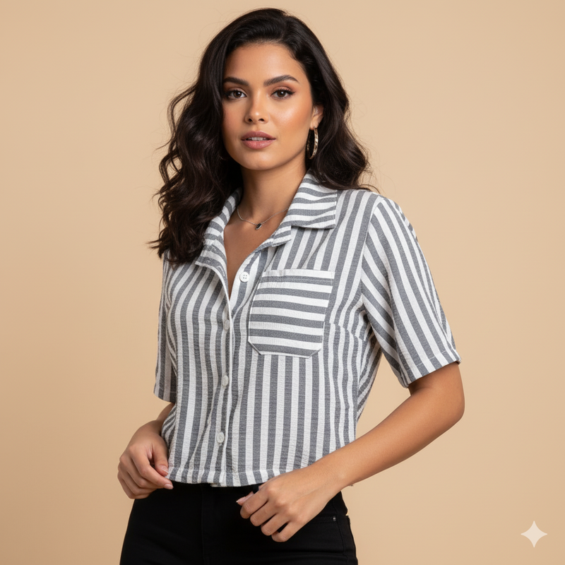 Camisa Feminina Linho Listrada Manga Curta
