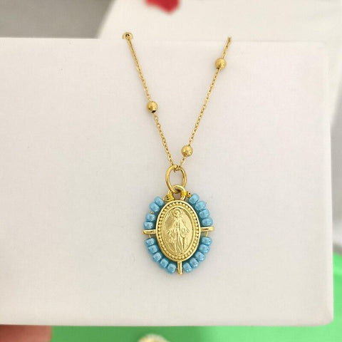 QMHJE Virgin Mary Pendant Charm Necklace Women Cross Choker Seed Beads Stainless Steel Chain Gold Color Boho White Black Pink - bossabella