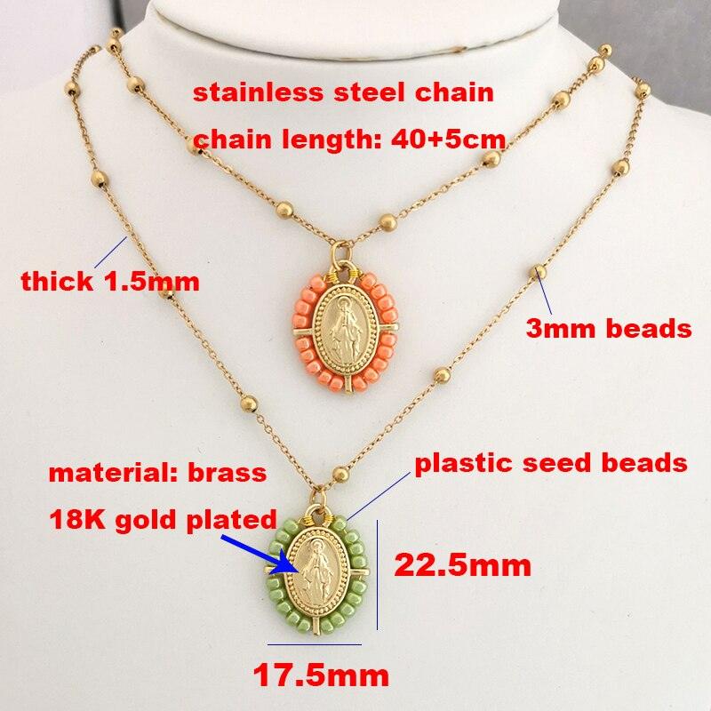 QMHJE Virgin Mary Pendant Charm Necklace Women Cross Choker Seed Beads Stainless Steel Chain Gold Color Boho White Black Pink - bossabella