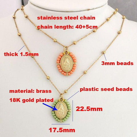 QMHJE Virgin Mary Pendant Charm Necklace Women Cross Choker Seed Beads Stainless Steel Chain Gold Color Boho White Black Pink - bossabella