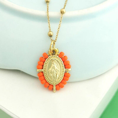 QMHJE Virgin Mary Pendant Charm Necklace Women Cross Choker Seed Beads Stainless Steel Chain Gold Color Boho White Black Pink - bossabella