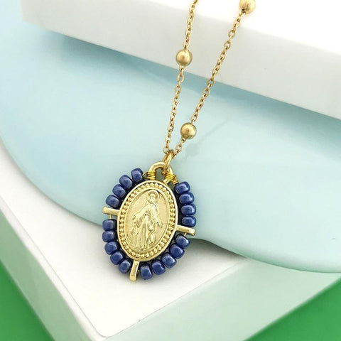 QMHJE Virgin Mary Pendant Charm Necklace Women Cross Choker Seed Beads Stainless Steel Chain Gold Color Boho White Black Pink - bossabella