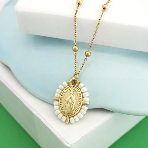 QMHJE Virgin Mary Pendant Charm Necklace Women Cross Choker Seed Beads Stainless Steel Chain Gold Color Boho White Black Pink - bossabella