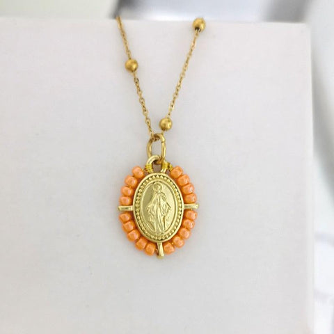 QMHJE Virgin Mary Pendant Charm Necklace Women Cross Choker Seed Beads Stainless Steel Chain Gold Color Boho White Black Pink - bossabella