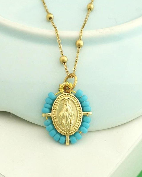 QMHJE Virgin Mary Pendant Charm Necklace Women Cross Choker Seed Beads Stainless Steel Chain Gold Color Boho White Black Pink - bossabella