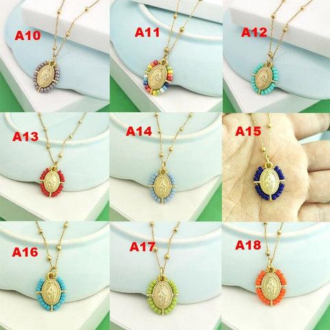 QMHJE Virgin Mary Pendant Charm Necklace Women Cross Choker Seed Beads Stainless Steel Chain Gold Color Boho White Black Pink - bossabella
