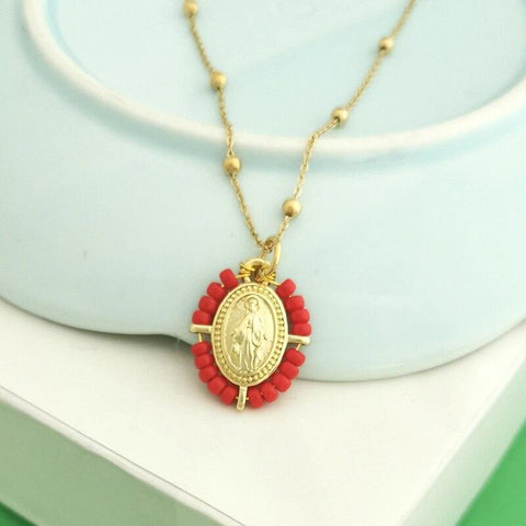 QMHJE Virgin Mary Pendant Charm Necklace Women Cross Choker Seed Beads Stainless Steel Chain Gold Color Boho White Black Pink - bossabella