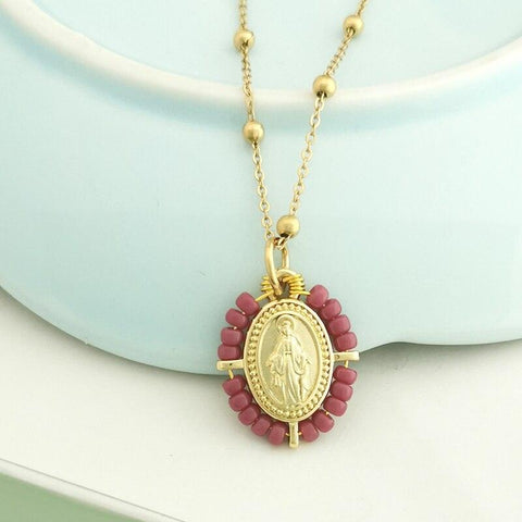 QMHJE Virgin Mary Pendant Charm Necklace Women Cross Choker Seed Beads Stainless Steel Chain Gold Color Boho White Black Pink - bossabella