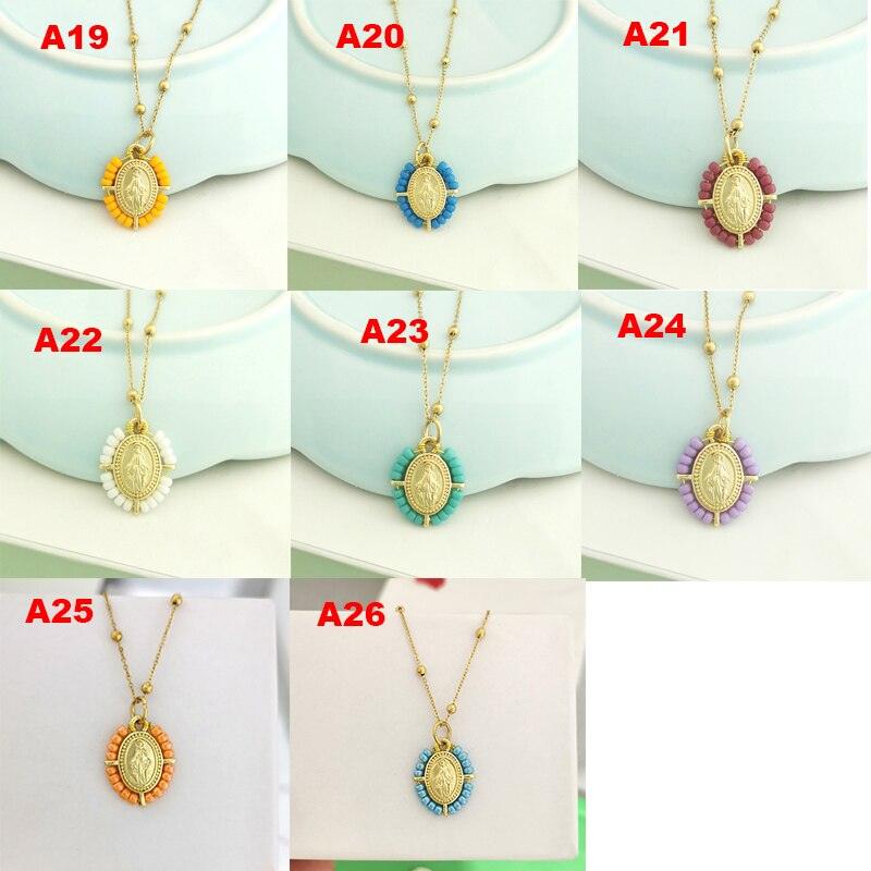 QMHJE Virgin Mary Pendant Charm Necklace Women Cross Choker Seed Beads Stainless Steel Chain Gold Color Boho White Black Pink - bossabella