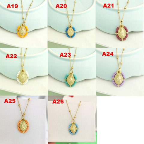 QMHJE Virgin Mary Pendant Charm Necklace Women Cross Choker Seed Beads Stainless Steel Chain Gold Color Boho White Black Pink - bossabella