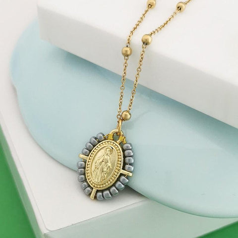 QMHJE Virgin Mary Pendant Charm Necklace Women Cross Choker Seed Beads Stainless Steel Chain Gold Color Boho White Black Pink - bossabella