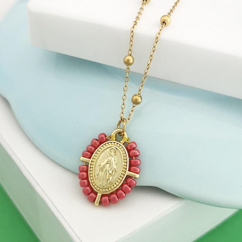 QMHJE Virgin Mary Pendant Charm Necklace Women Cross Choker Seed Beads Stainless Steel Chain Gold Color Boho White Black Pink - bossabella