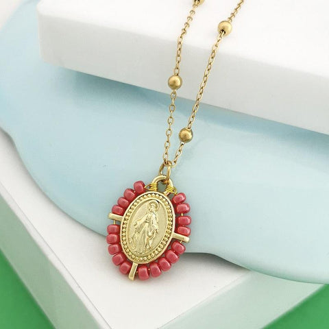 QMHJE Virgin Mary Pendant Charm Necklace Women Cross Choker Seed Beads Stainless Steel Chain Gold Color Boho White Black Pink - bossabella
