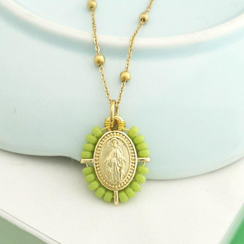 QMHJE Virgin Mary Pendant Charm Necklace Women Cross Choker Seed Beads Stainless Steel Chain Gold Color Boho White Black Pink - bossabella