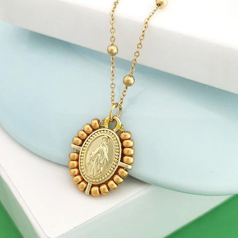 QMHJE Virgin Mary Pendant Charm Necklace Women Cross Choker Seed Beads Stainless Steel Chain Gold Color Boho White Black Pink - bossabella