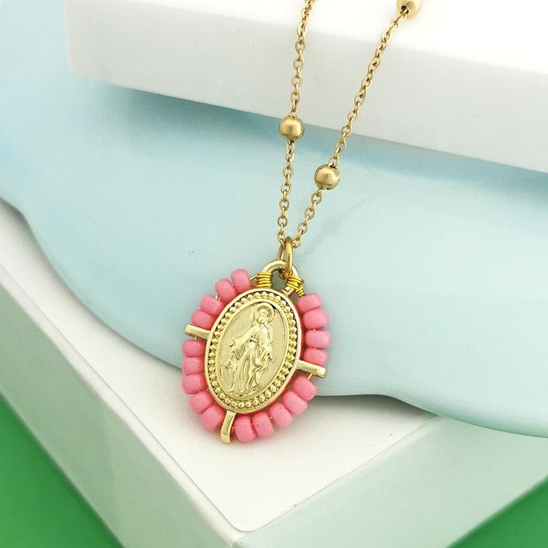 QMHJE Virgin Mary Pendant Charm Necklace Women Cross Choker Seed Beads Stainless Steel Chain Gold Color Boho White Black Pink - bossabella