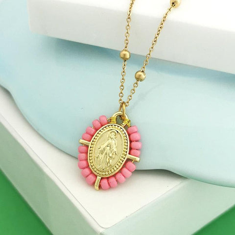 QMHJE Virgin Mary Pendant Charm Necklace Women Cross Choker Seed Beads Stainless Steel Chain Gold Color Boho White Black Pink - bossabella