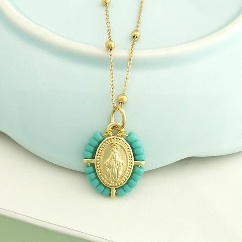 QMHJE Virgin Mary Pendant Charm Necklace Women Cross Choker Seed Beads Stainless Steel Chain Gold Color Boho White Black Pink - bossabella