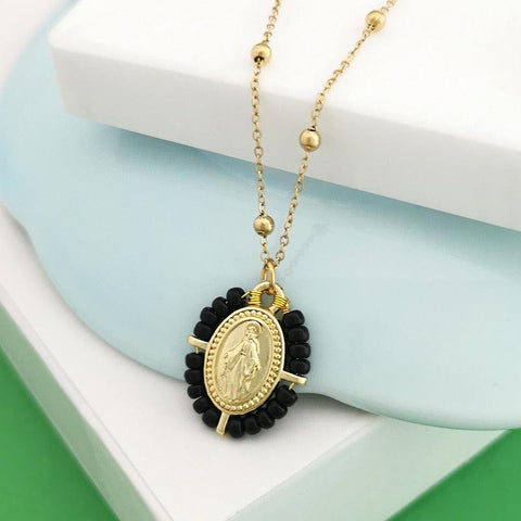 QMHJE Virgin Mary Pendant Charm Necklace Women Cross Choker Seed Beads Stainless Steel Chain Gold Color Boho White Black Pink - bossabella