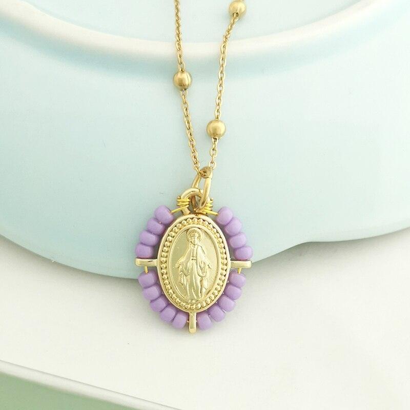 QMHJE Virgin Mary Pendant Charm Necklace Women Cross Choker Seed Beads Stainless Steel Chain Gold Color Boho White Black Pink - bossabella