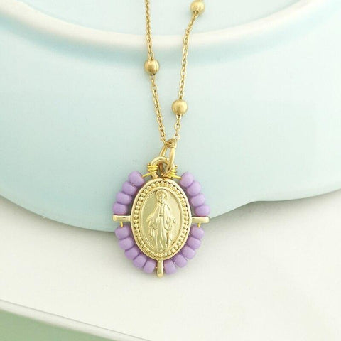 QMHJE Virgin Mary Pendant Charm Necklace Women Cross Choker Seed Beads Stainless Steel Chain Gold Color Boho White Black Pink - bossabella