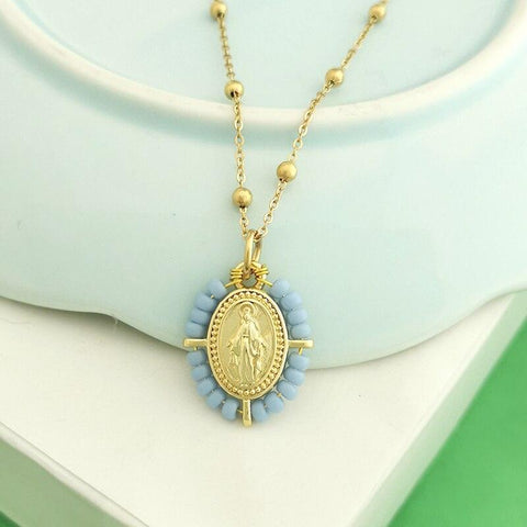 QMHJE Virgin Mary Pendant Charm Necklace Women Cross Choker Seed Beads Stainless Steel Chain Gold Color Boho White Black Pink - bossabella