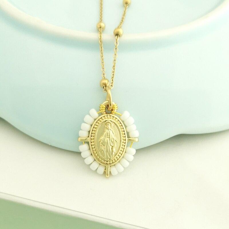 QMHJE Virgin Mary Pendant Charm Necklace Women Cross Choker Seed Beads Stainless Steel Chain Gold Color Boho White Black Pink - bossabella