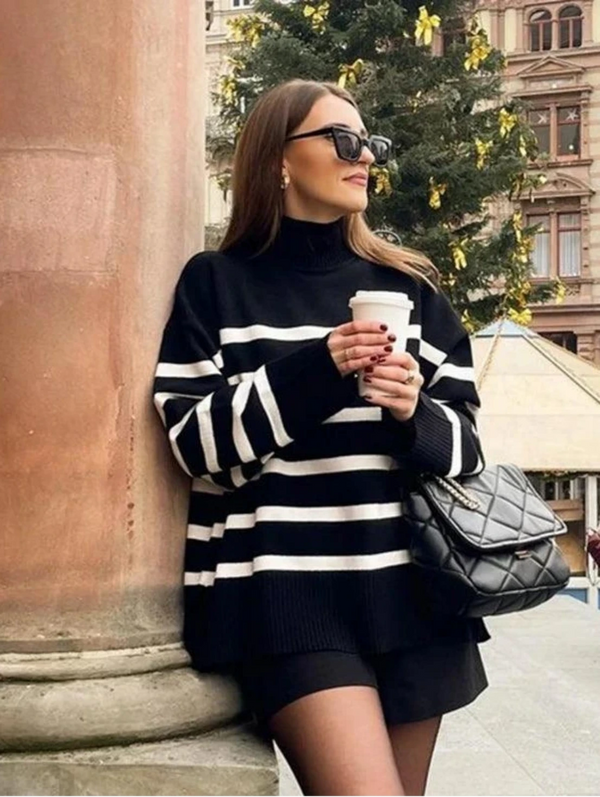 Suéter Feminino Listrado Preto e Branco - bossabella