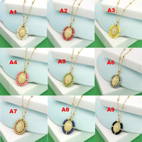 QMHJE Virgin Mary Pendant Charm Necklace Women Cross Choker Seed Beads Stainless Steel Chain Gold Color Boho White Black Pink - bossabella