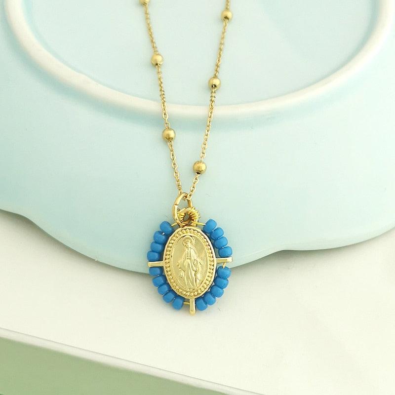 QMHJE Virgin Mary Pendant Charm Necklace Women Cross Choker Seed Beads Stainless Steel Chain Gold Color Boho White Black Pink - bossabella
