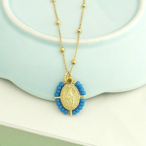 QMHJE Virgin Mary Pendant Charm Necklace Women Cross Choker Seed Beads Stainless Steel Chain Gold Color Boho White Black Pink - bossabella