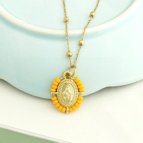 QMHJE Virgin Mary Pendant Charm Necklace Women Cross Choker Seed Beads Stainless Steel Chain Gold Color Boho White Black Pink - bossabella
