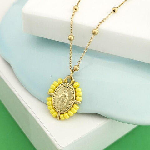 QMHJE Virgin Mary Pendant Charm Necklace Women Cross Choker Seed Beads Stainless Steel Chain Gold Color Boho White Black Pink - bossabella