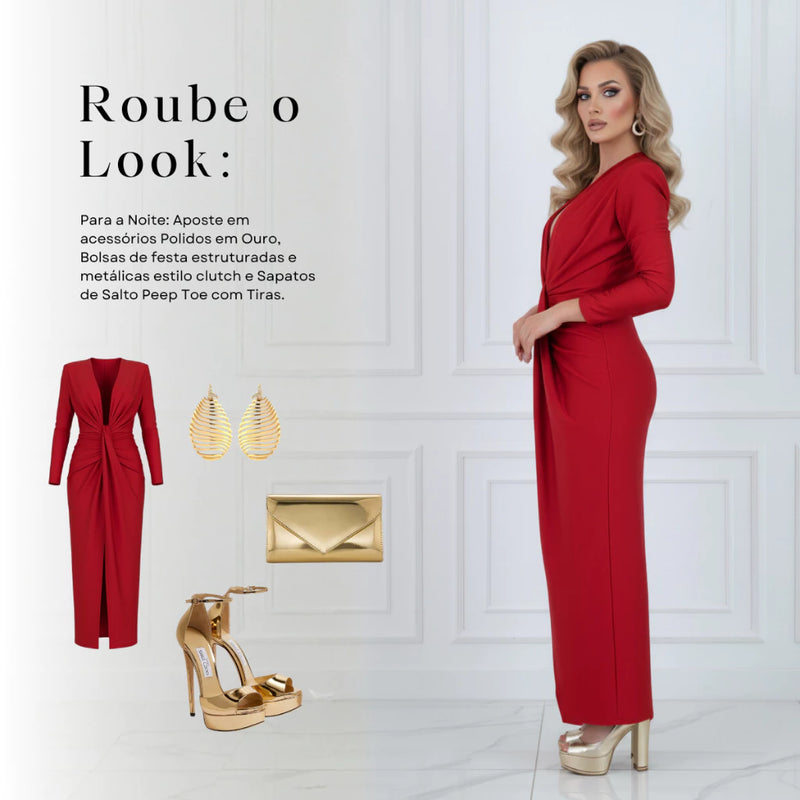 Vestido Longo Feminino Manga Longa Fenda Frontal