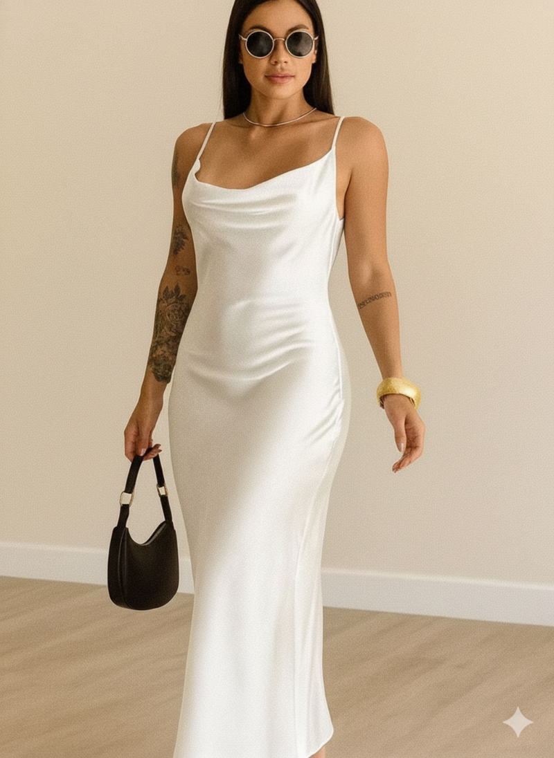 Vestido Midi Feminino Cetim - Moda Elegante Alça Fina Regulável