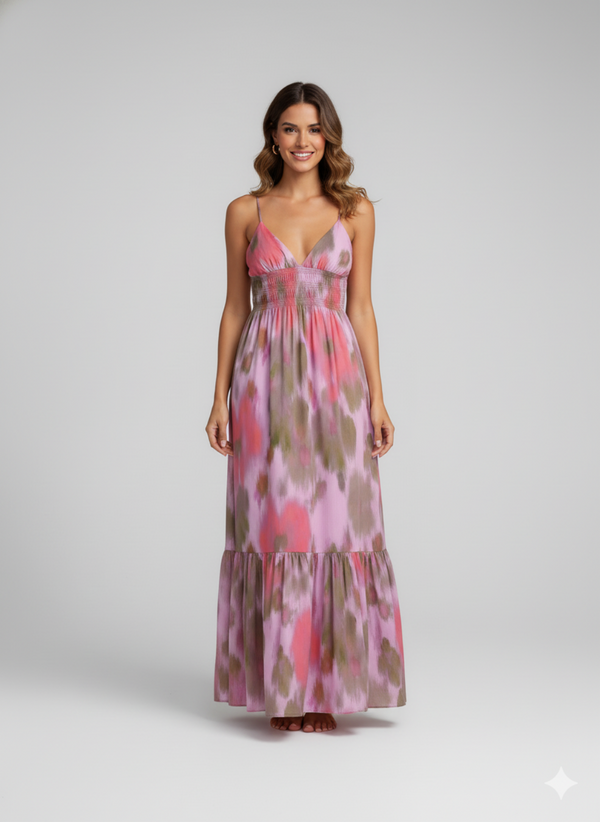 Vestido Midi com Decote em v e Alças Finas