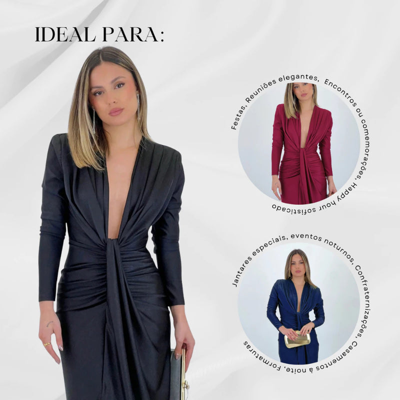 Vestido Longo Feminino Manga Longa Fenda Frontal