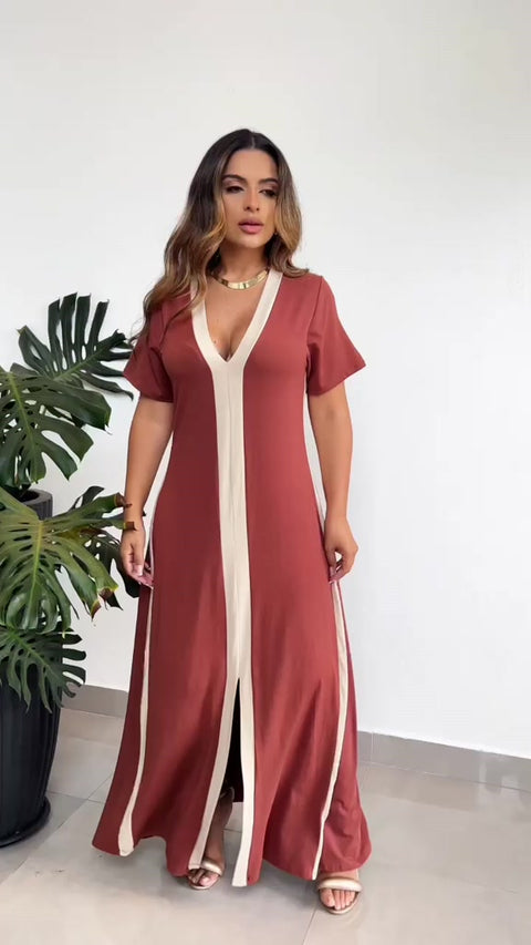 Vestido Longo com Faixa Bege e Manga Curta - Elegante, Soltinho e Confortável para Eventos e Dia a Dia