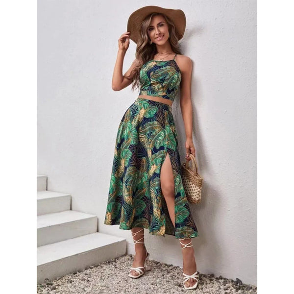 Conjunto Feminina Estampa Tropical Top e Saia Midi