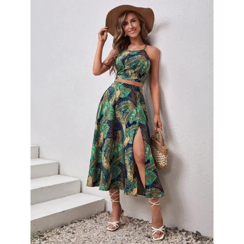 Conjunto Feminina Estampa Tropical Top e Saia Midi