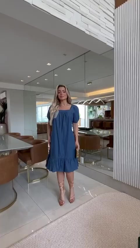 Vestido Jeans Feminino Midi Social Manga Bufante Luxuoso Moda Blogueira Premium Evangélico Para Festas e Eventos