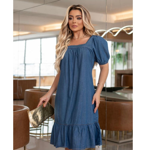 Vestido Jeans Feminino Midi Social Manga Bufante Luxuoso Moda Blogueira Premium Evangélico Para Festas e Eventos