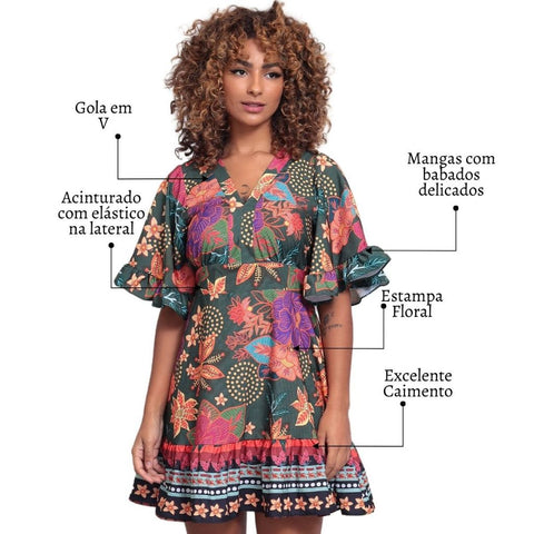 Vestido Curto Soltinho Floral Feminino Fresquinho Elegante Moda Verão Primavera Decote Casual Manga